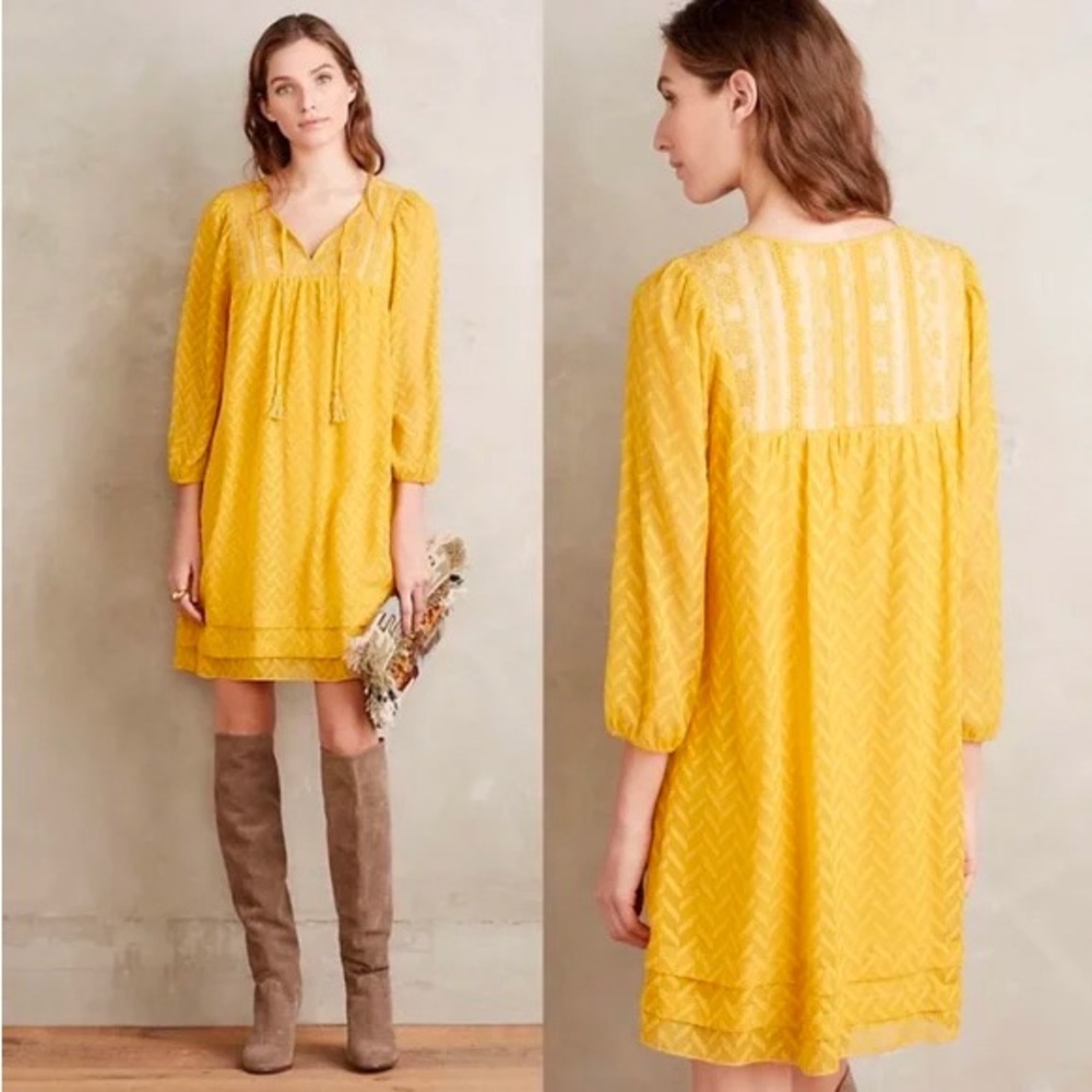 One September Anthropologie XS Dress Anwen Peasant Yellow